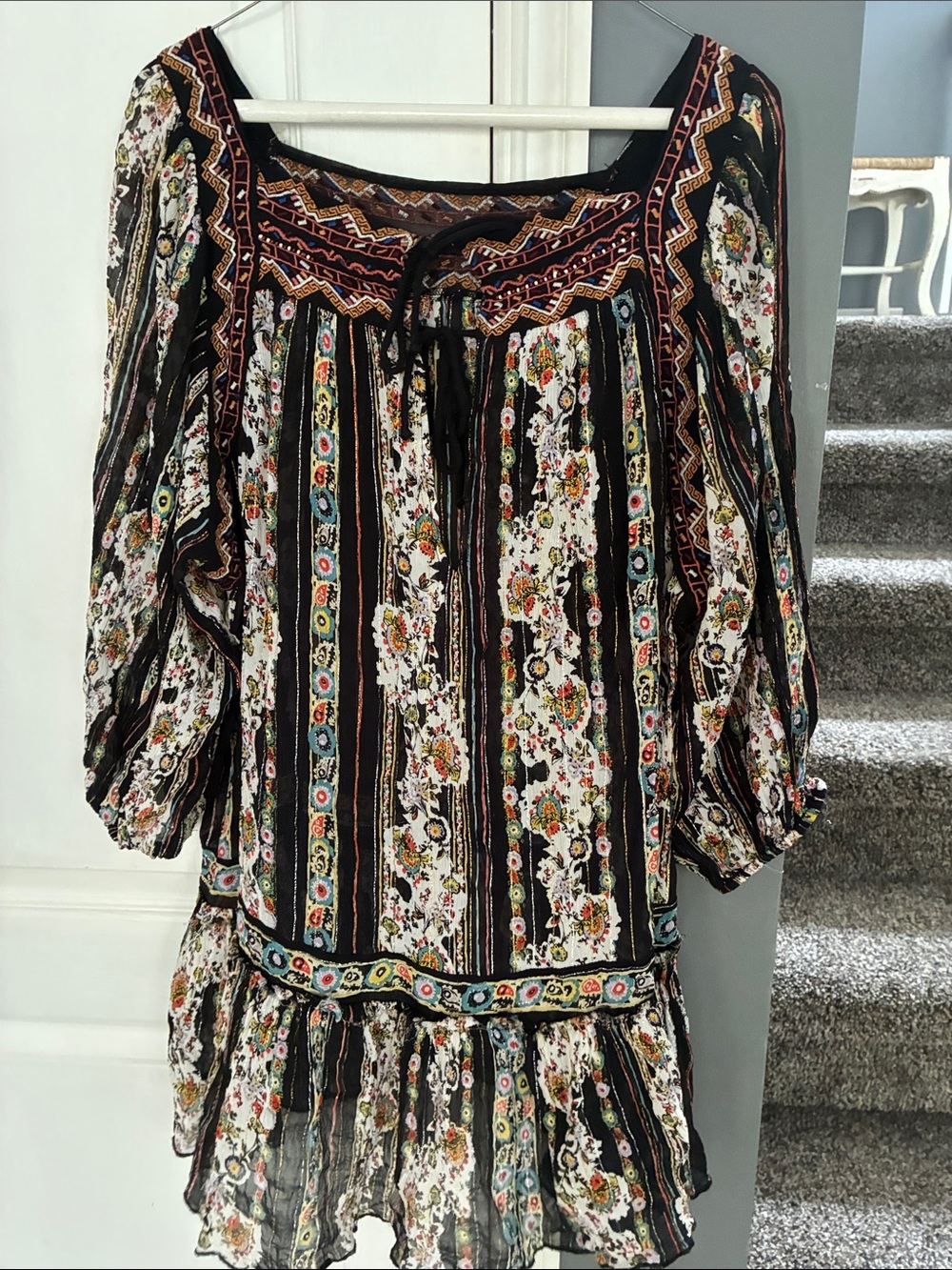 Women's Black Floral Stripe Mini Dress with Embroidered Yoke